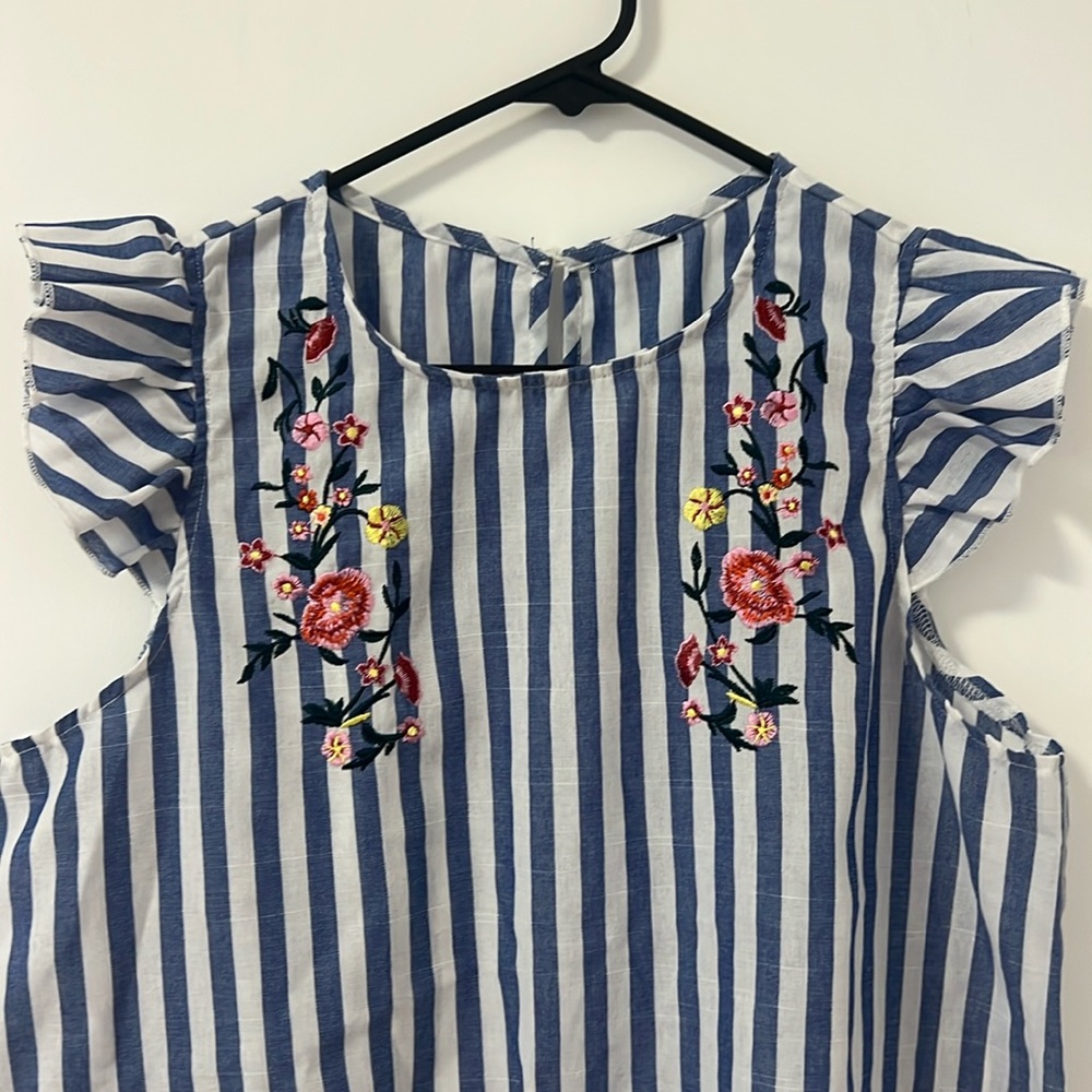Floral Embroidered striped linen blend blouse with cute sleeves